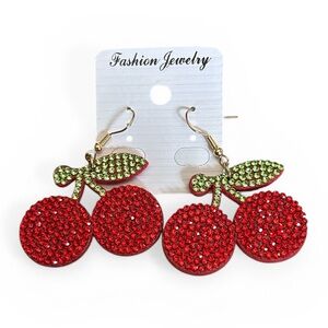 Ruby Red Rhinestone Encrusted Cherry Pierced Earrings